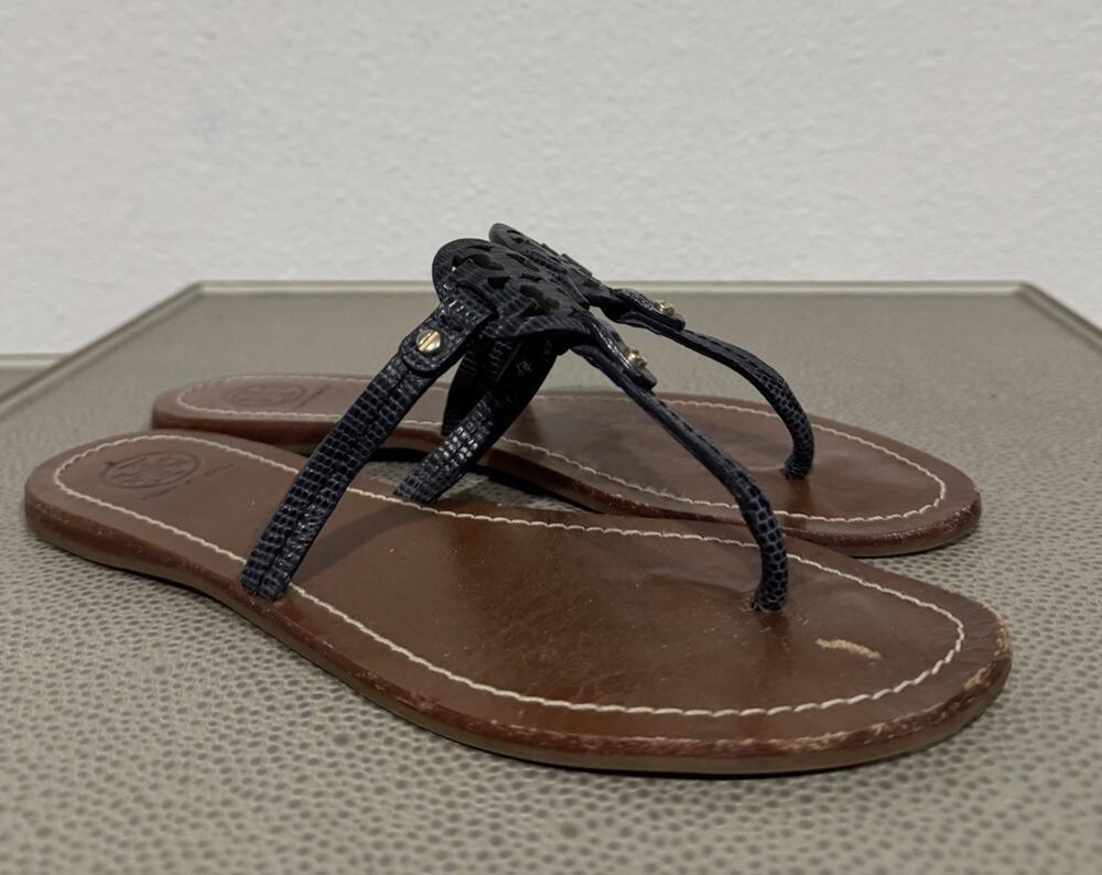 Tory Burch Women's Gabriel Veg Leather Flat Thong Perfect Blue Sz 7 M